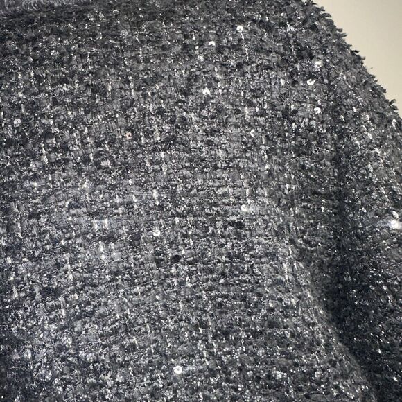 NWT Nanette Lepore Black Sequined Boucle’ Frayed Denim Trim Jacket Tweed Blazer - Picture 11 of 12